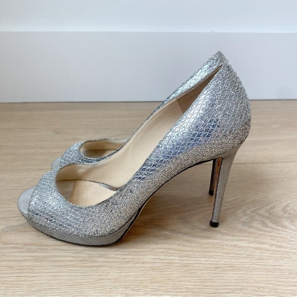 Jimmy Choo Luna 100 Champagne Glitter Fabric Peep Toe Platform Pumps - Picture 3 of 9